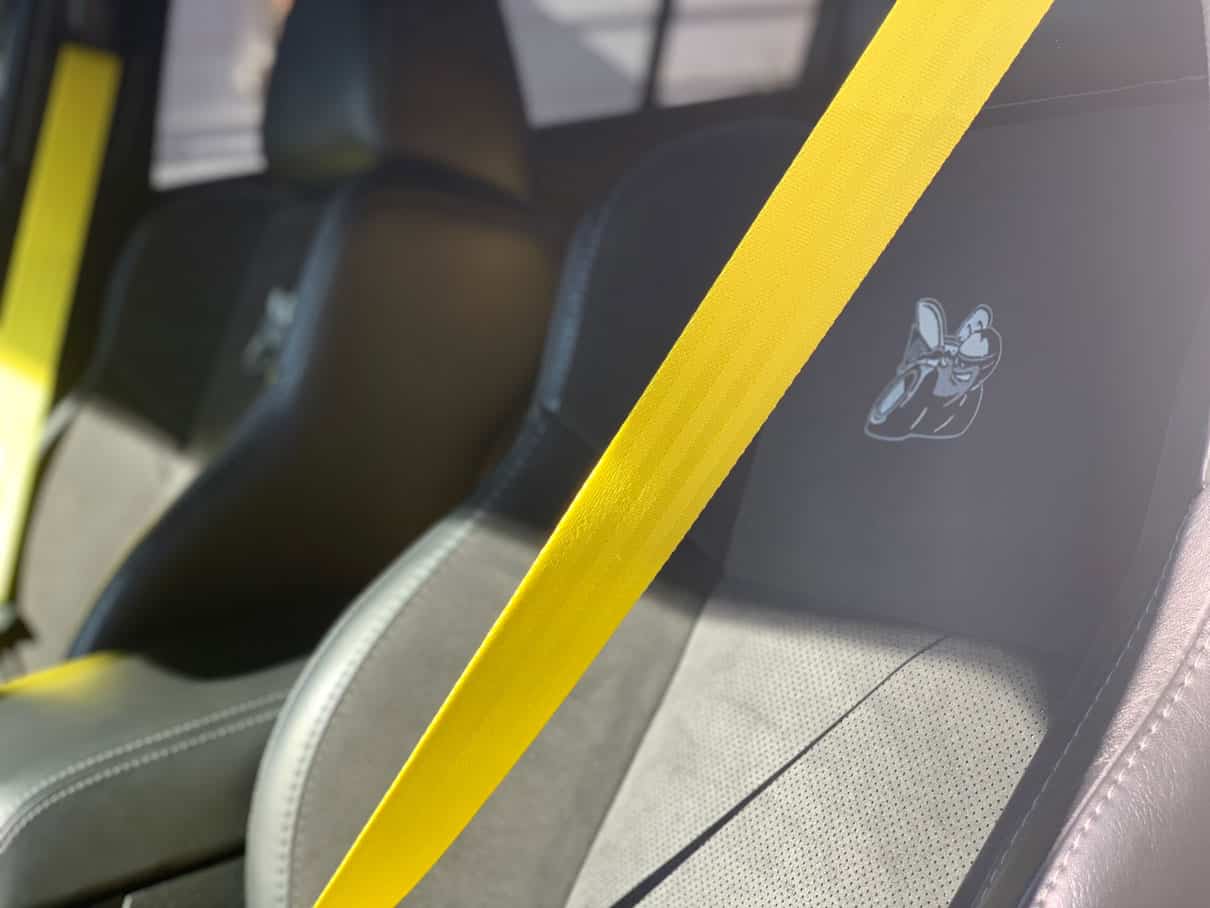 Team Hi Def Close-up of an exotic car's black leather interior featuring yellow seat belts. The headrest displays a cartoon character logo, capturing the sleek design and contrasting colors in bright lighting. Perfect for car club enthusiasts who appreciate attention to detail.